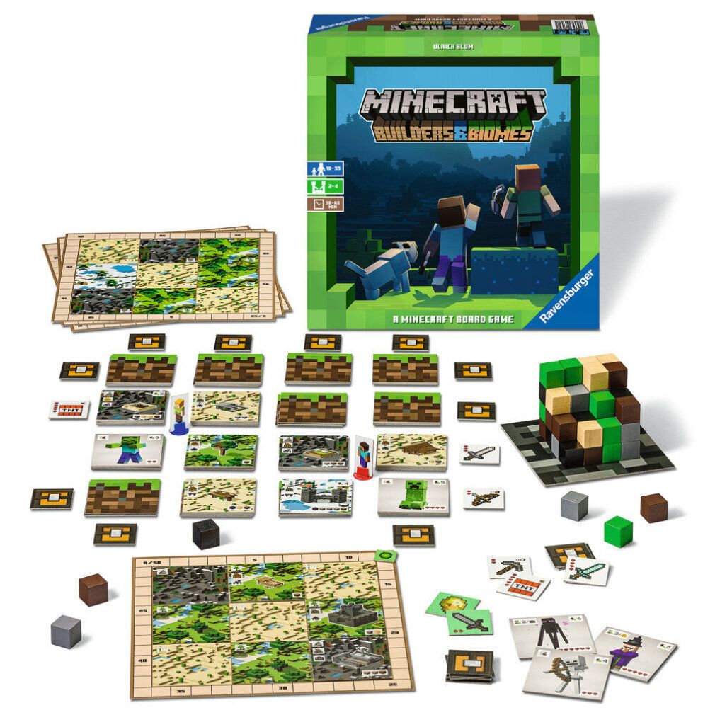 Gioco da tavolo Minecraft Builders & Biomes con materiali. Carte, figurine, dadi e tabellone. Logo e personaggi visibili. Ravensburger.
