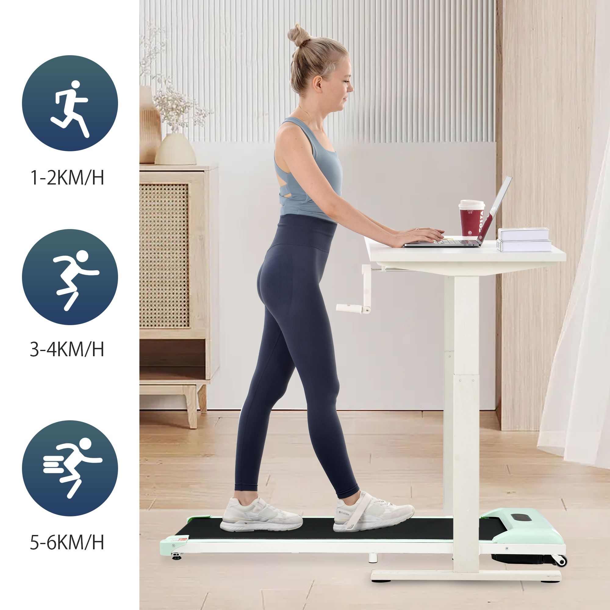Tapis roulant con funzione tavolo. Persona che lavora. Indicatori di velocità: 1-2, 3-4, 5-6 km/h.