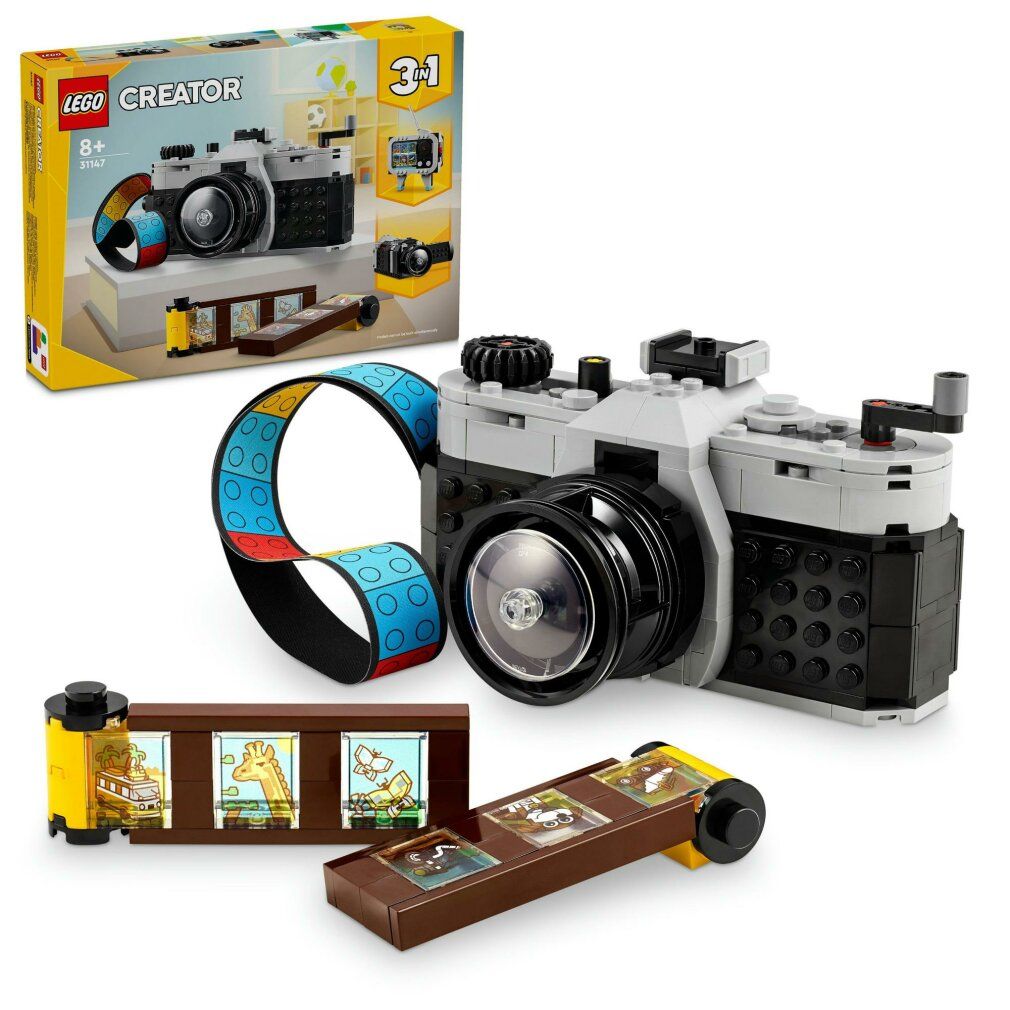 LEGO Creator 3 in 1 Fotocamera retrò. Fotocamera grigia e nera con striscia di pellicola e confezione. Funzione 3 in 1.