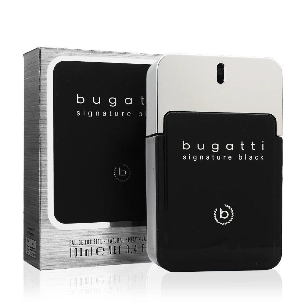 Flacone nero e confezione. Scritta: Bugatti Signature Black. Tappo argentato. Forma rettangolare.