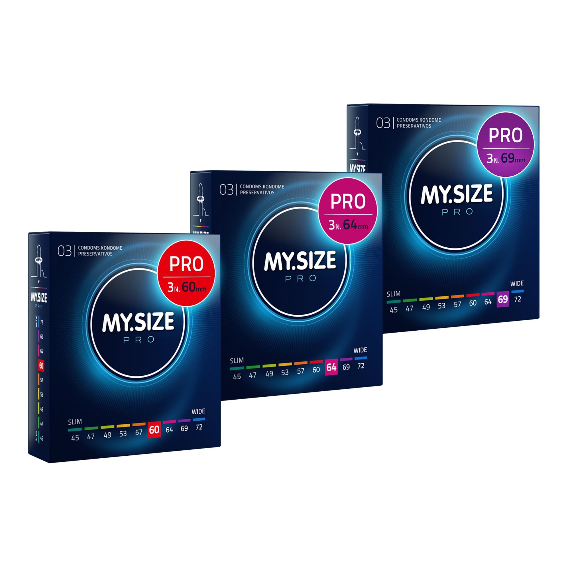 Confezioni di preservativi My.Size Pro, misure 60mm, 64mm e 69mm.