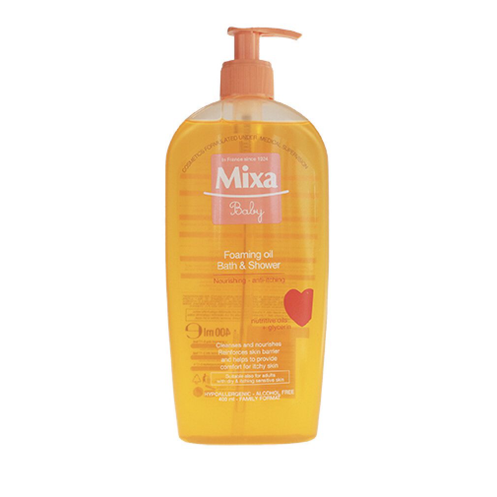 Mixa Baby olio bagno e doccia schiumogeno. Flacone trasparente con dosatore. Etichetta arancione con nome prodotto e simbolo cuore.