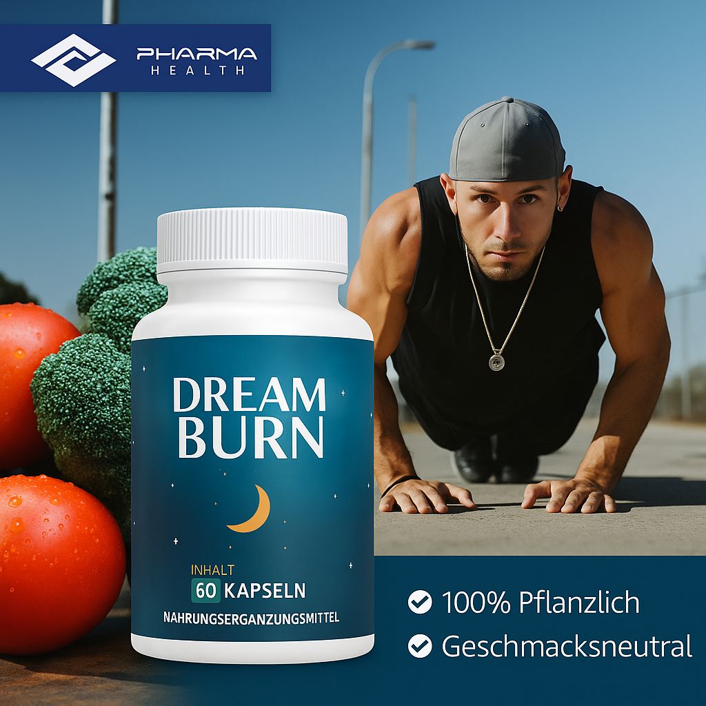 Flacone bianco con etichetta blu. DREAM BURN, simbolo della luna, 60 capsule. Logo Pharma Health. Testo: 100% vegetale, insapore.
