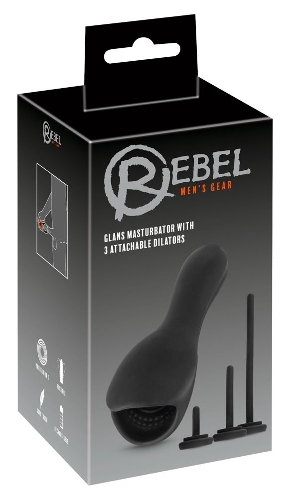 Confezione nera con immagine del prodotto e testo: « Glans Masturbator with 3 Dilators ». Marchio: Rebel.