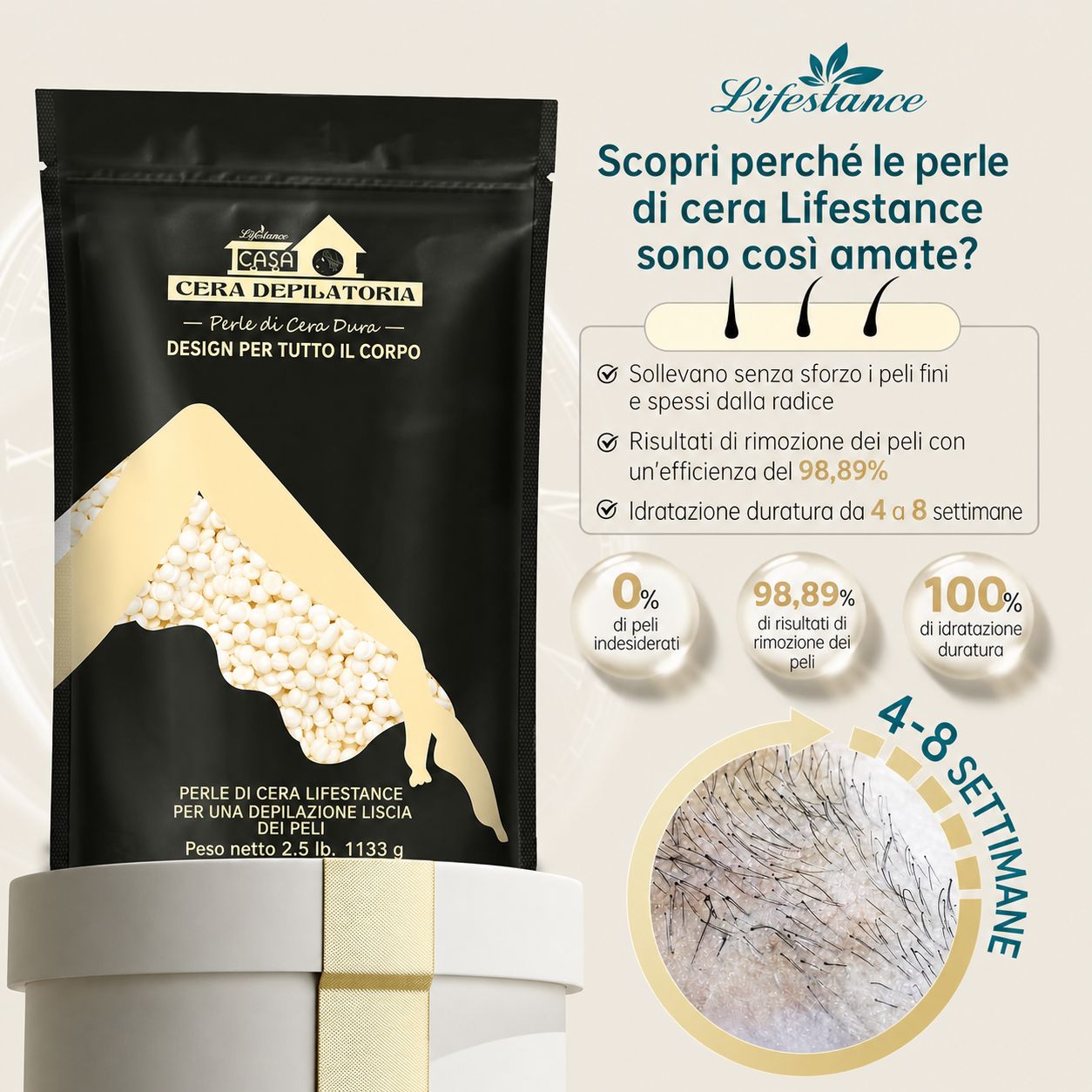 Confezione nera con perle di cera. Testo: Lifestance, Design per tutto il corpo, 2,5 lb. Grafico con risultati.