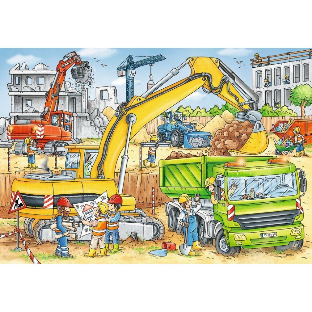 Puzzle con motivo cantiere. Escavatori, camion, operai ed edifici. Puzzle per bambini con molti dettagli. Per bambini dai 4 anni.