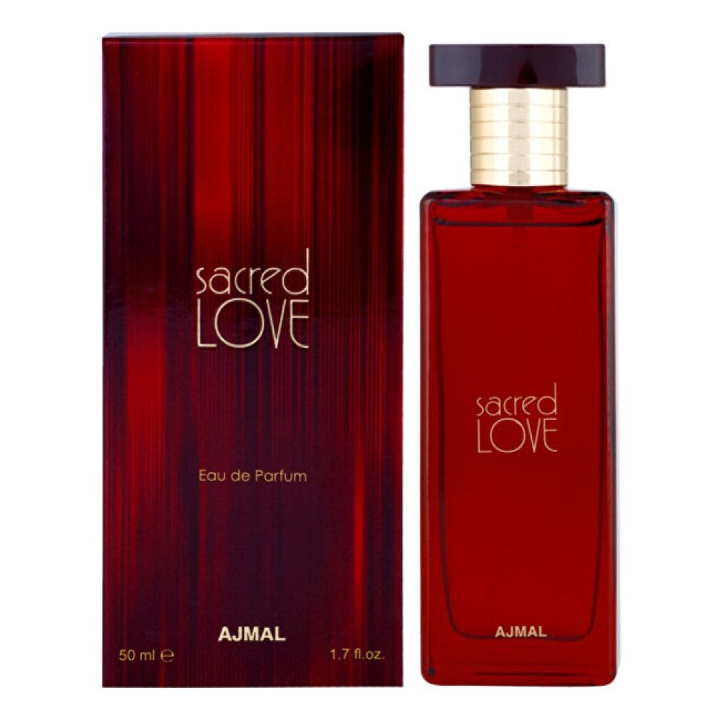 Flacone e scatola rossi. Scritta "sacred LOVE", "Eau de Parfum" e "AJMAL".