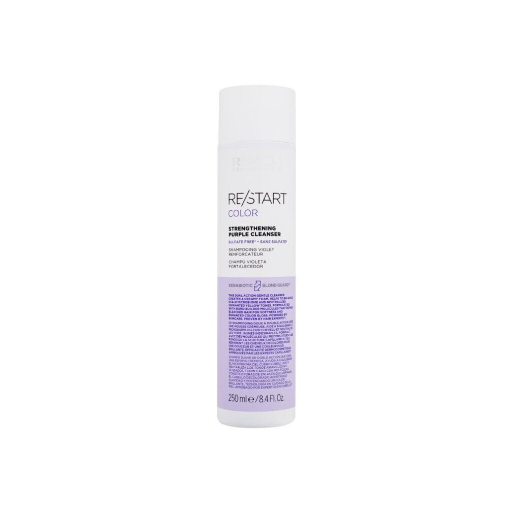 Flacone Revlon Re-Start Color Strengthening Purple Cleanser. Etichetta bianca con testo e logo viola.