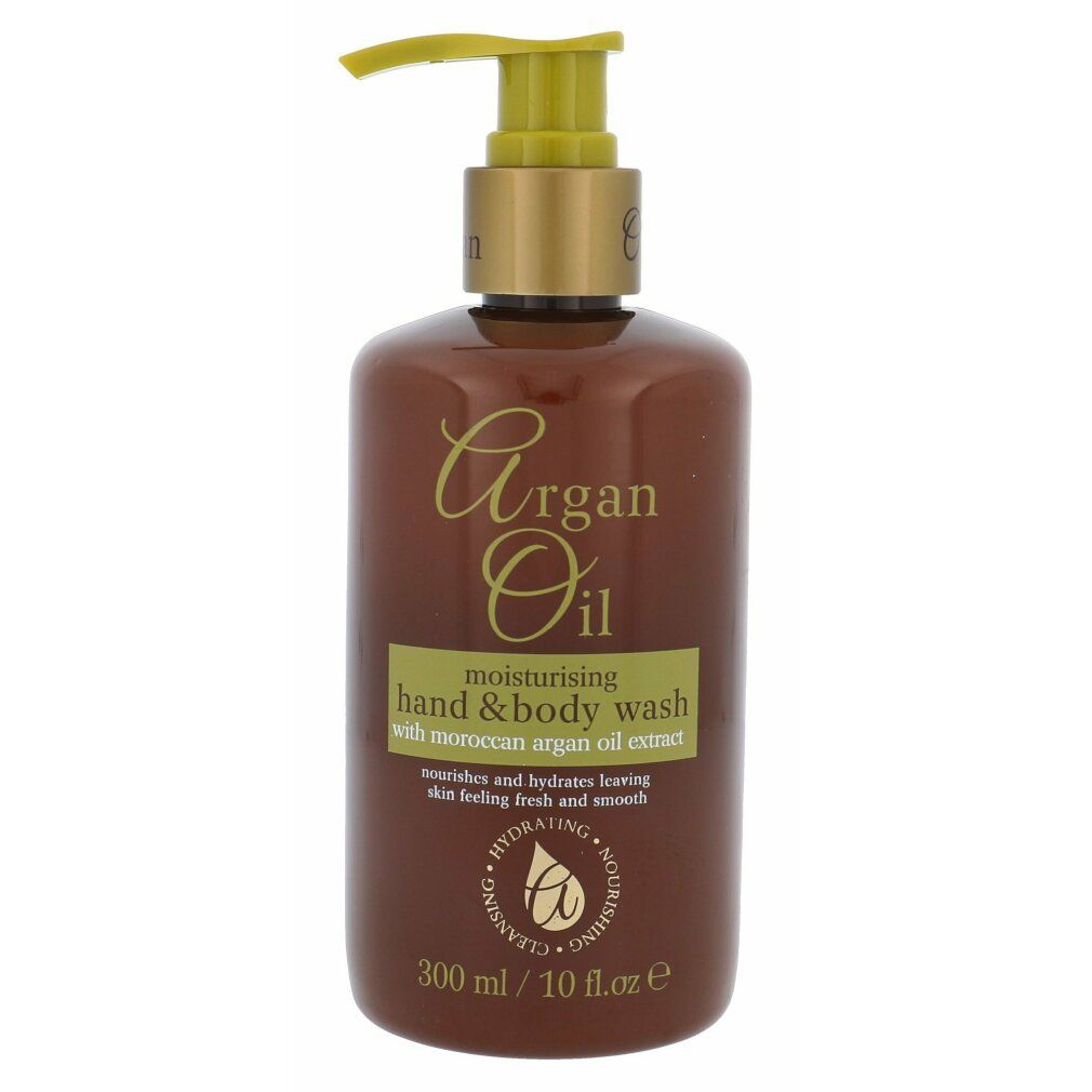 Flacone marrone con dosatore giallo. Scritta: Argan Oil, Hand & Body Wash. Contiene olio di argan marocchino. 300 ml.
