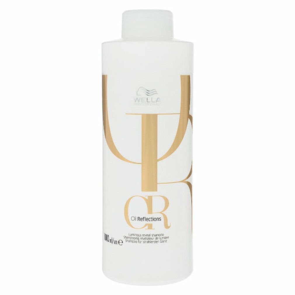 Flacone di shampoo bianco con logo e scritta dorati. Scritta: Oil Reflections.