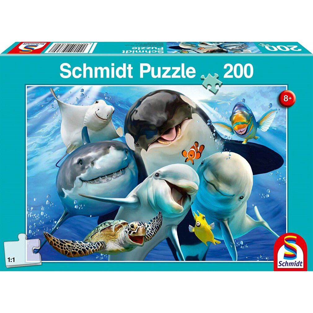 Scatola di puzzle con motivo amici sottomarini. Stampa: Schmidt Puzzle, 200 pezzi, consigliato per 8+. Rappresentati animali marini.