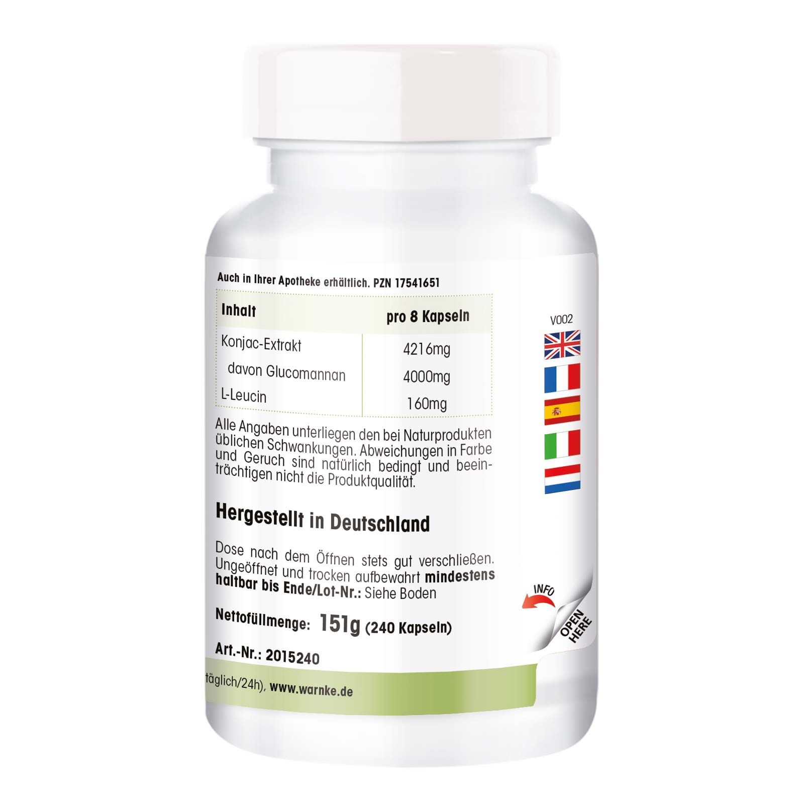 Retro del flacone. Testo: contenuto per 8 capsule, Prodotto in Germania. Con bandiere e logo.