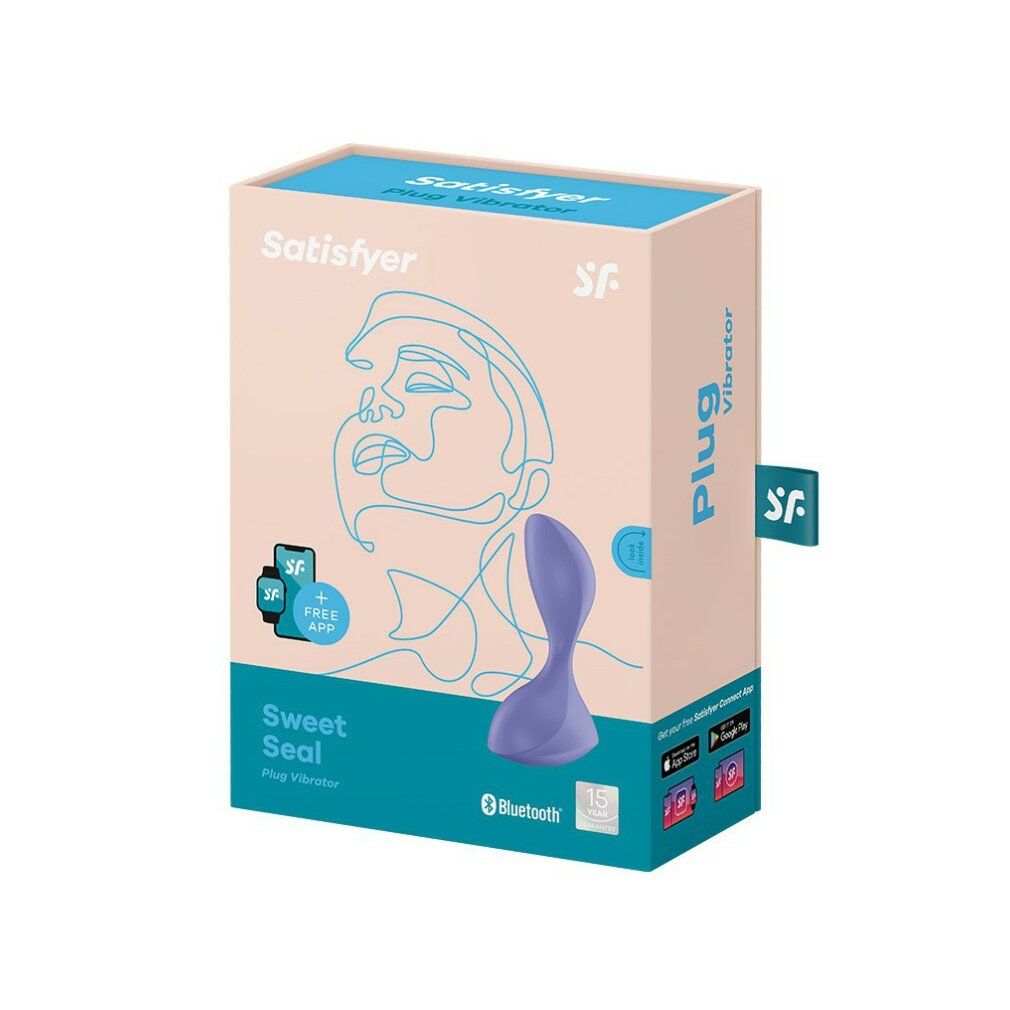 Confezione per vibratore anale. Marchio Satisfyer. Nome prodotto Sweet Seal. Logo Bluetooth. Illustrazione di un volto.