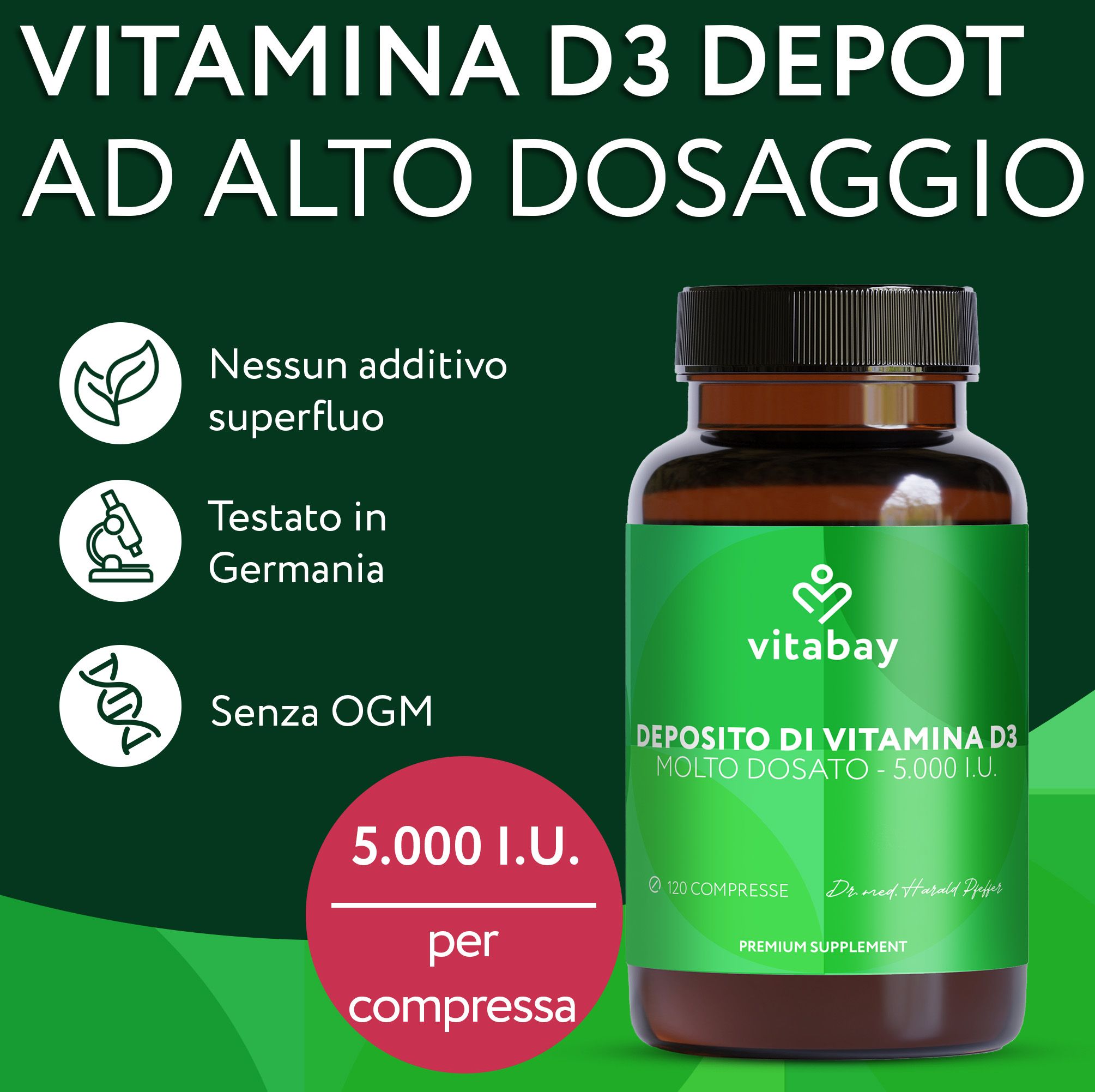 Bottiglia Vitabay Vitamina D3 Depot. Alto dosaggio. Nessun additivo, testato in Germania, senza OGM.