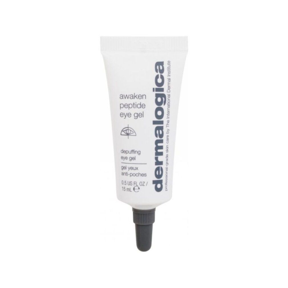 Tubo bianco con tappo grigio. Scritta: awaken peptide eye gel, depuffing eye gel, Dermalogica. 15 ml.