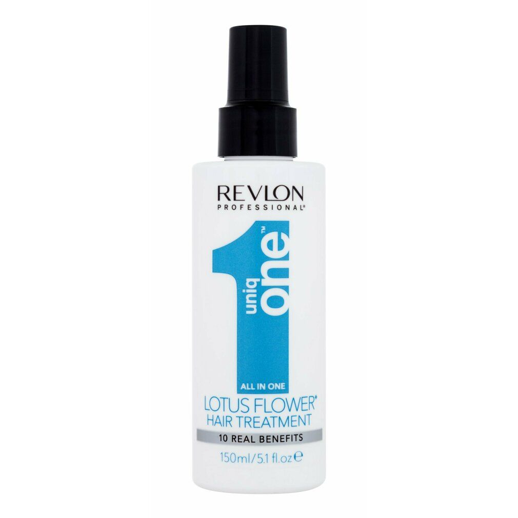 Revlon Uniq One Lotus Flower Hair Treatment. Flacone bianco con erogatore nero. Logo blu e informazioni prodotto.