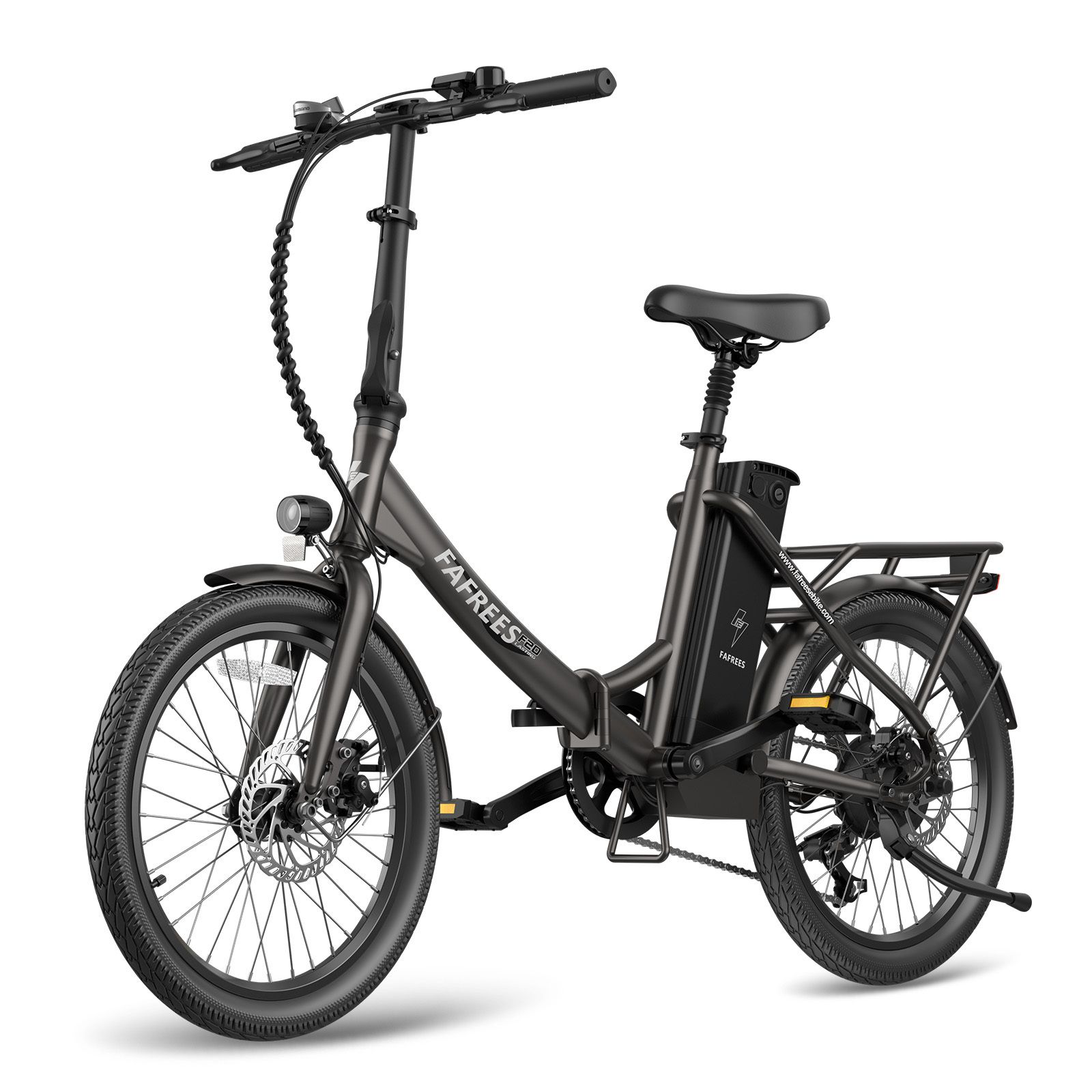 E-bike Fafrees F20, antracite. Vista frontale. Con portapacchi, parafanghi e batteria. Marchio e nome del modello.