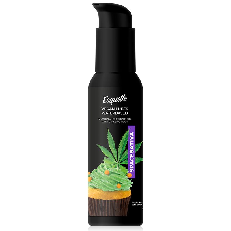 Flacone nero con pompa. Scritta: Coquette, Vegan Lubes Waterbased, Spacesativa. Illustrazione di cupcake con foglia di cannabis.