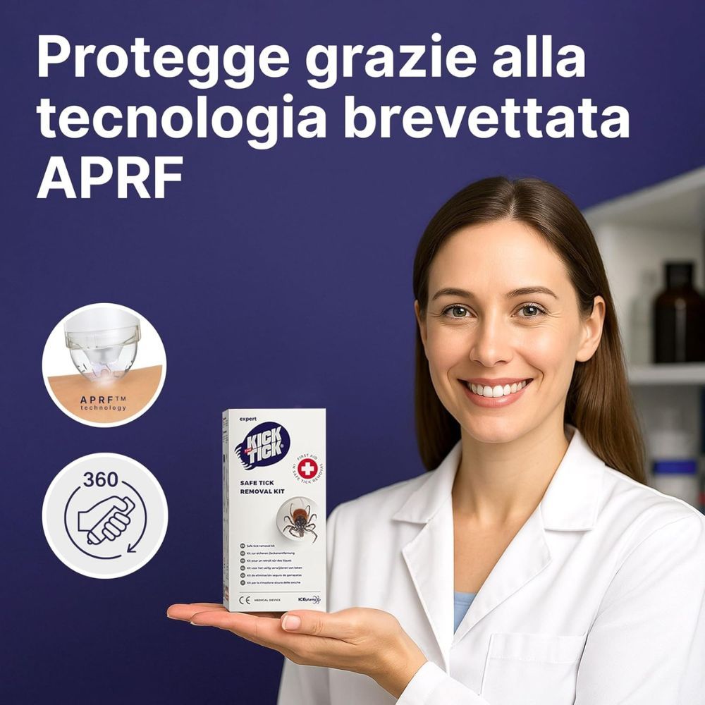 Medico con prodotto. Kit rimozione zecche, pinzetta e spray. Testo: Kick the Tick.