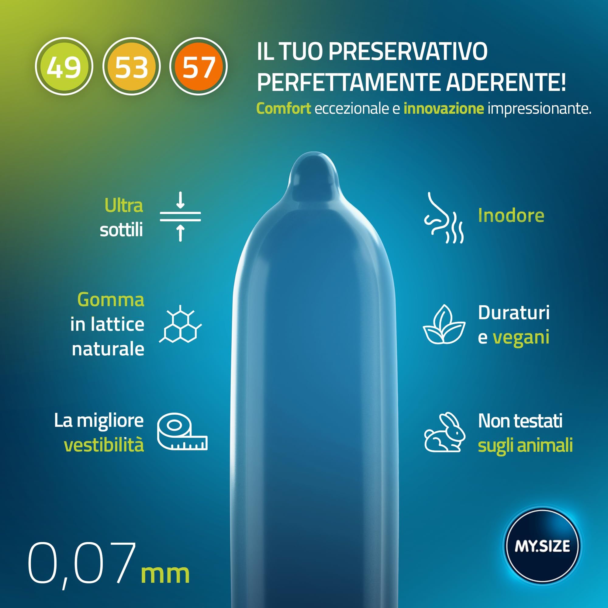 Preservativo blu con icone: sottile, lattice naturale, aderente, inodore, durevole, vegan, non testato su animali. 0,07mm.