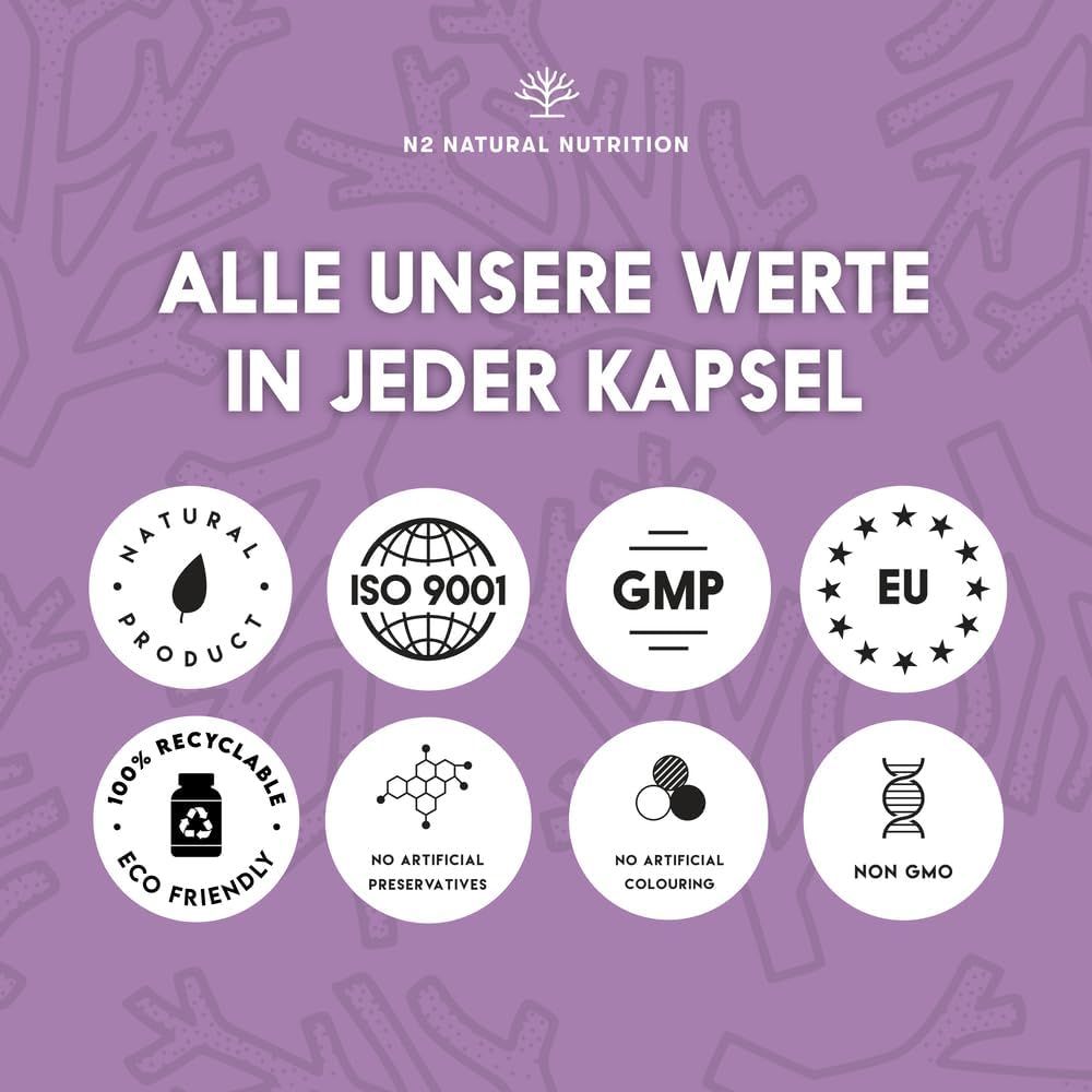 Loghi circolari. Testo: Natural Product, ISO 9001, GMP, EU, Recyclable, No Artificial Preservatives.