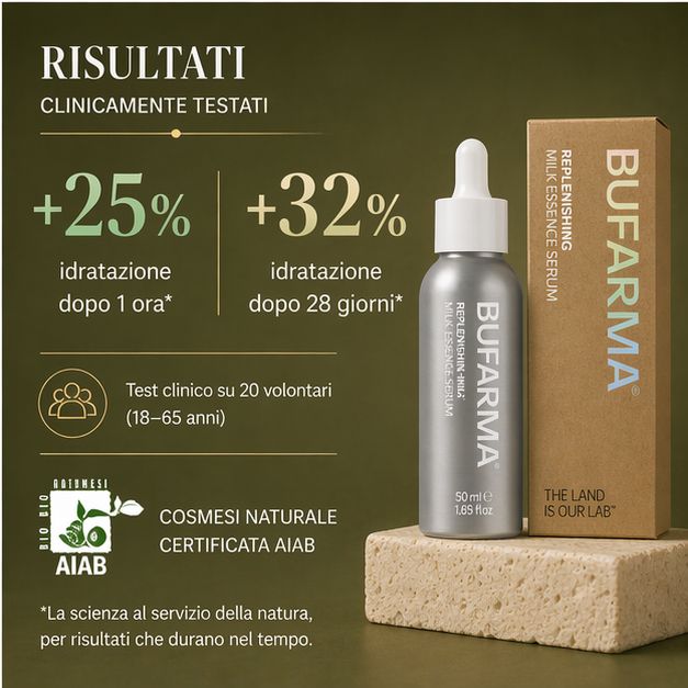 Flacone di siero e confezione. Scritta BUFARMA, Replenishing Milk Essence Serum. Contagocce. Confezione marrone. Testo: Risultati clinicamente testati.
