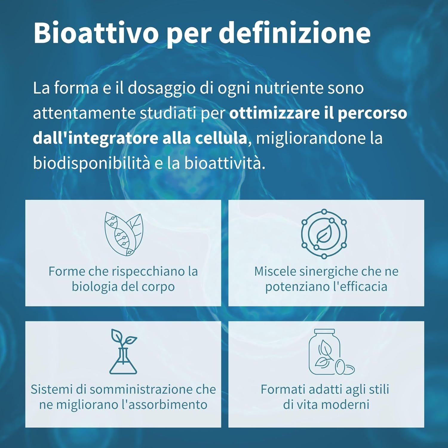 Infografica: Bioattività. Ottimizzazione dell'assorbimento dei nutrienti. Forme, miscele, sistemi, formati.
