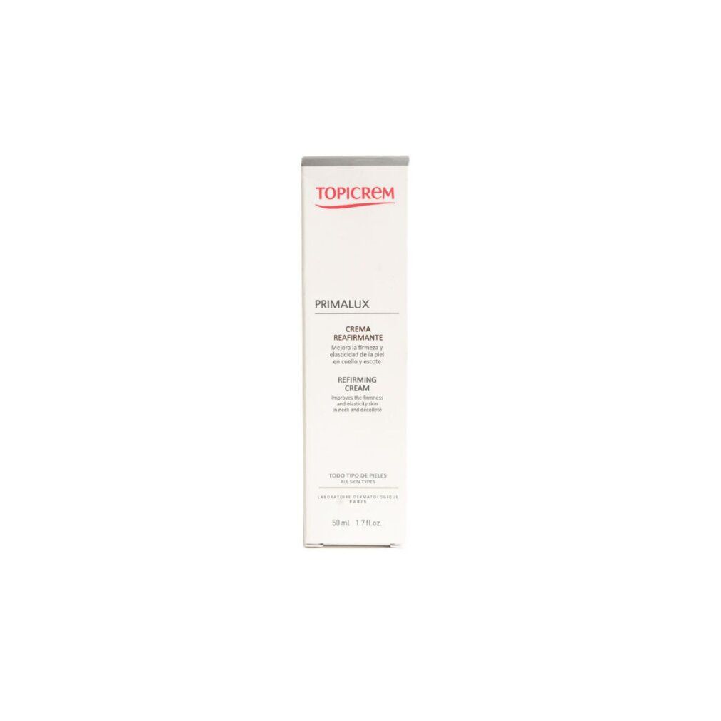Scatola bianca stretta con TOPICREM e PRIMALUX. Testo: Crema Rinfrescante. 50 ml.