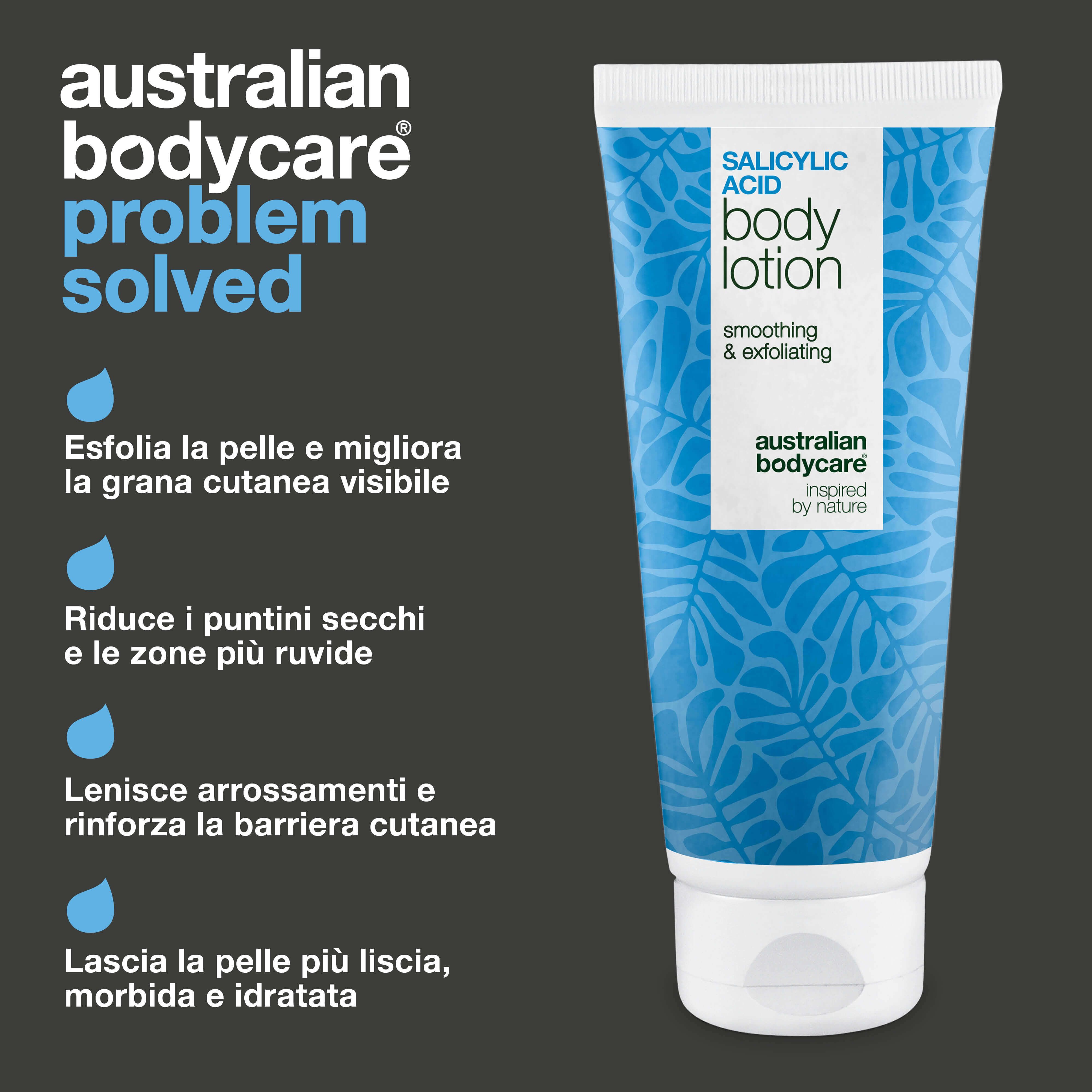 Tubo "Salicylic Acid Body Lotion". Testo: esfolia, riduce, lenisce, idrata.