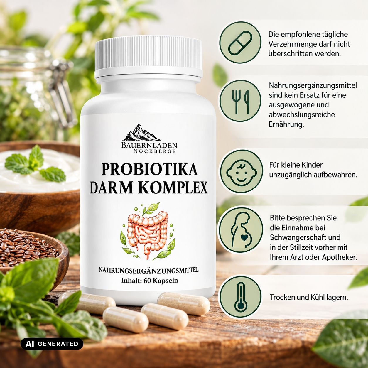 Flacone da 60 capsule Probiotika Darm Komplex. Include una grafica intestinale e informazioni sul dosaggio.