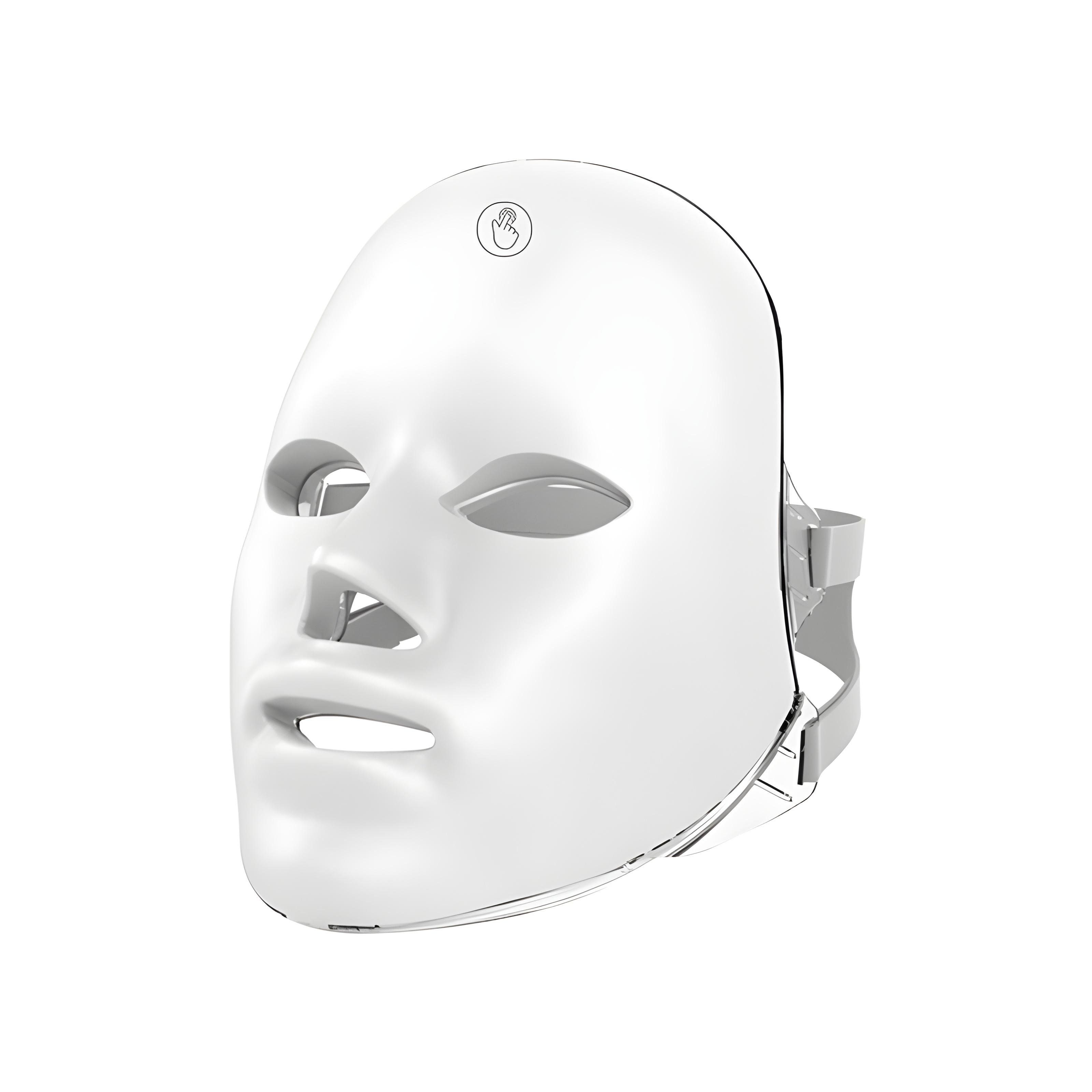 Maschera bianca per terapia LED con cinghie regolabili e logo in alto.