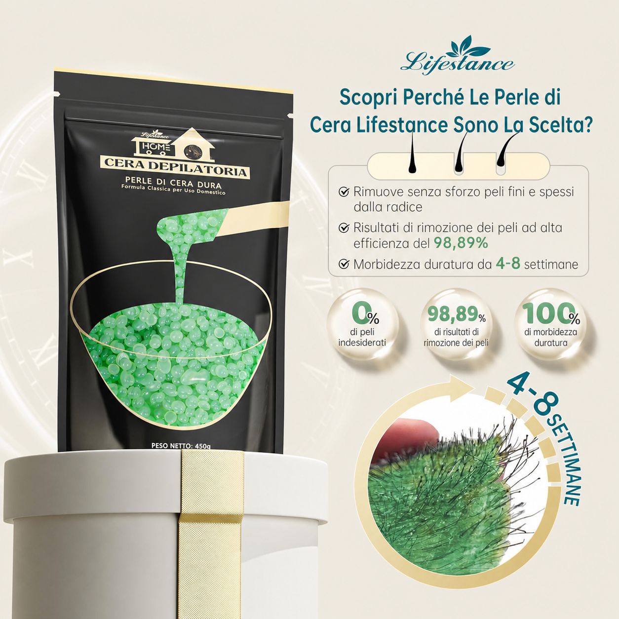 Confezione nera con perle di cera verdi. Testo: Lifestance, perle di cera, 0% peli indesiderati, 98,89% rimozione peli, 100% levigatezza.