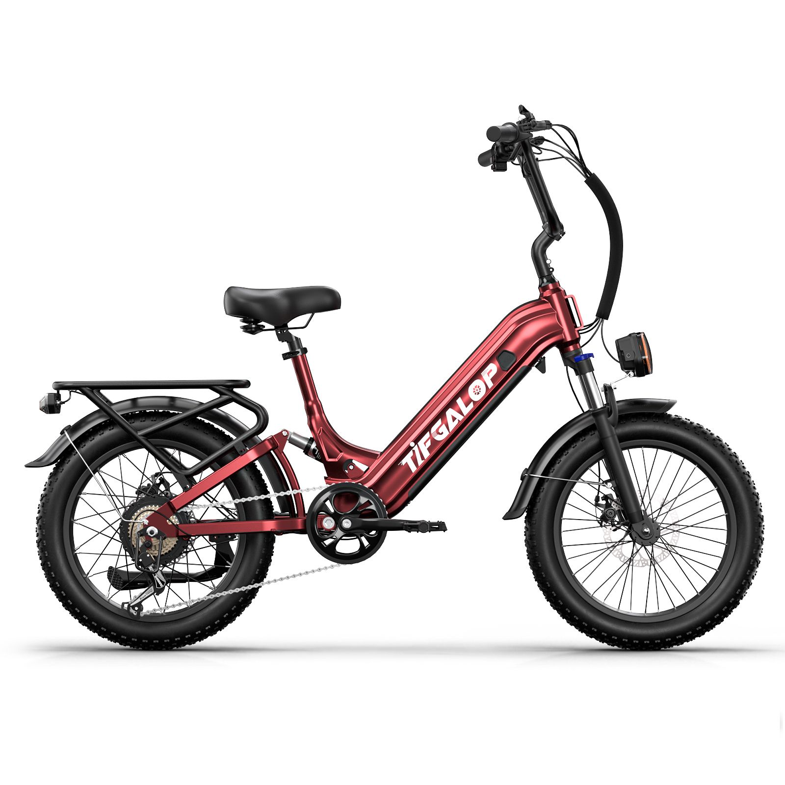 E-bike rossa con elementi neri. Pneumatici larghi, portapacchi, faro e manubrio. Marchio TIFGALOP.