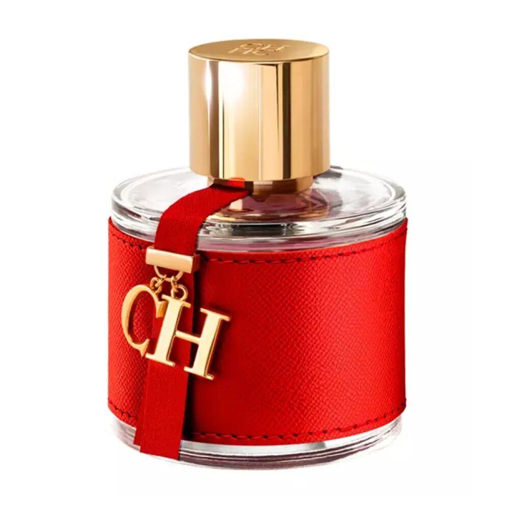Flacone rotondo in vetro con fascia rossa e chiusura dorata. Ciondolo dorato con logo CH. Tappo dorato.