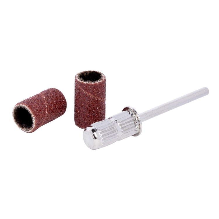 Fresa per unghie con due manicotti abrasivi. Metallo, cilindrico, manicotti in carta vetrata.