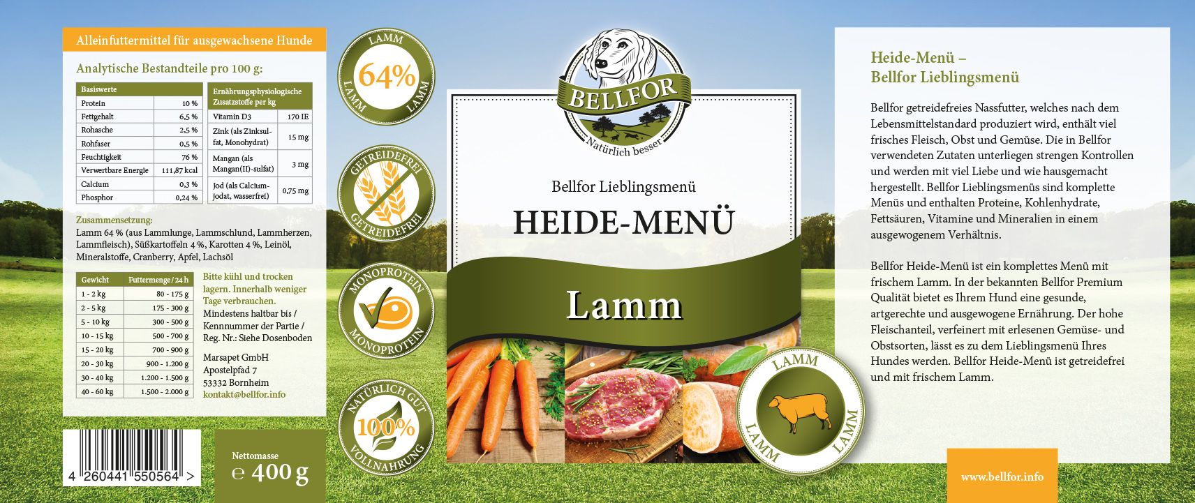 Bellfor Cibo Umido per Cani - Pollo e Agnello - Senza Cereali - Menu di Fattoria + Brughiera