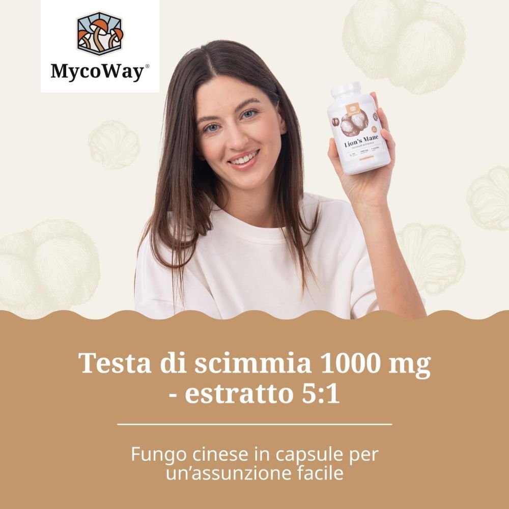 Donna con flacone Lion's Mane. Testo: Testa di scimmia 1000 mg - estratto 5:1. Marchio: MycoWay.