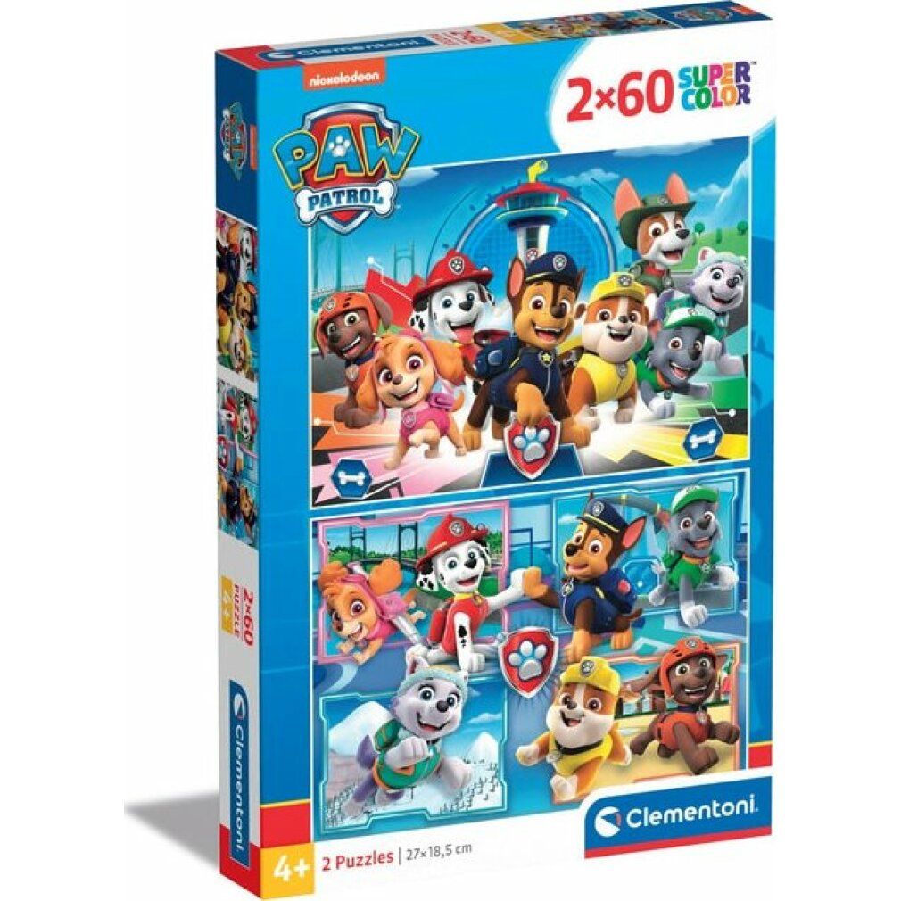 Puzzle Clementoni Paw Patrol, 2x60 pezzi. Confezione con motivi Paw Patrol. Per bambini dai 4 anni in su. Dimensioni: 27x18,5cm. Marchio Clementoni.