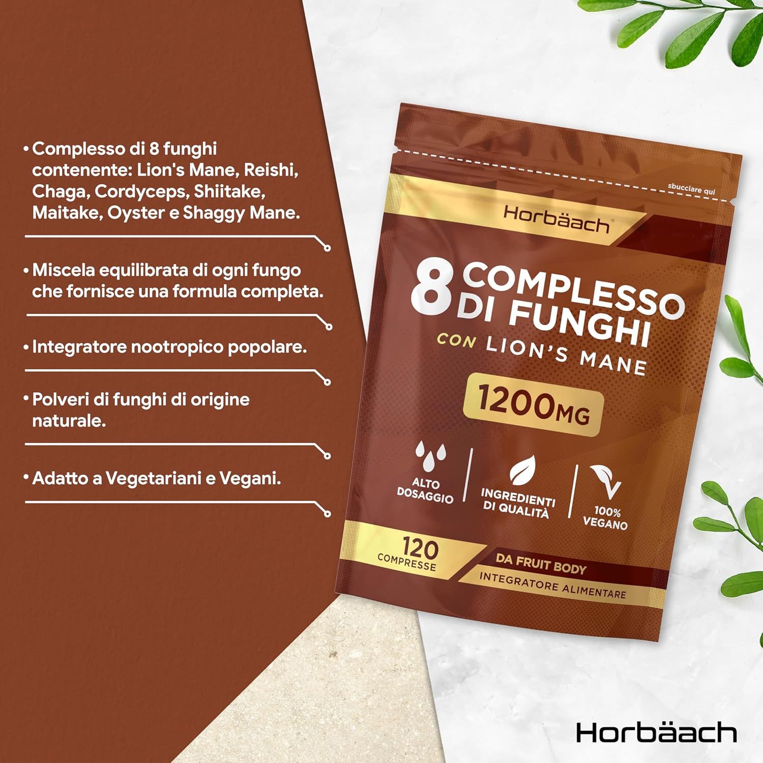 Busta marrone Horbaach 8 Funghi. 120 compresse, 1200mg. Alto dosaggio, ingredienti di qualità, 100% vegano.