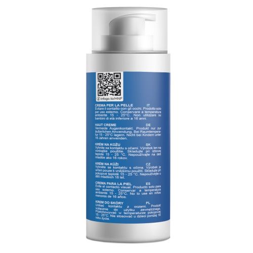 Retro del flacone di crema. Sezioni di testo multilingue. Codice QR e testo: CREMA PER LA PELLE, HAUT CREME, KRÉM NA KOŽU.