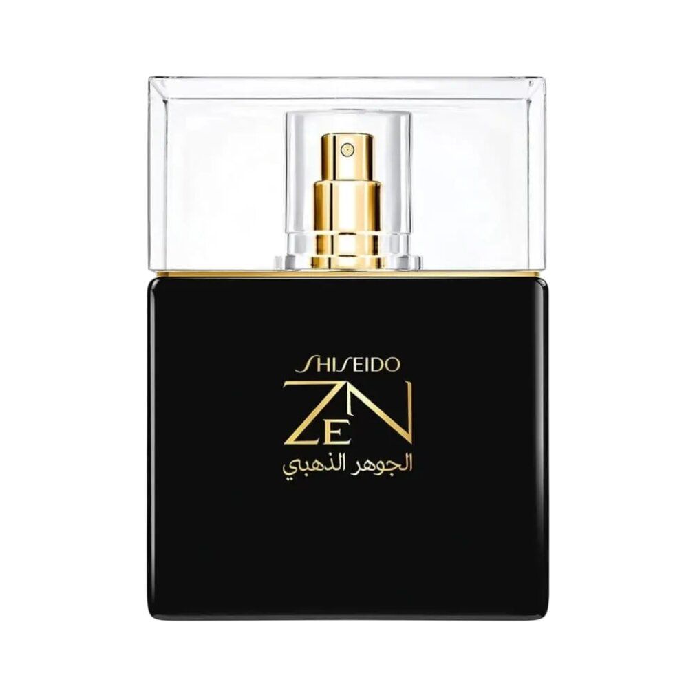 Flacone nero con vaporizzatore dorato e tappo. Shiseido Zen Elixir De Oro, scritta dorata.