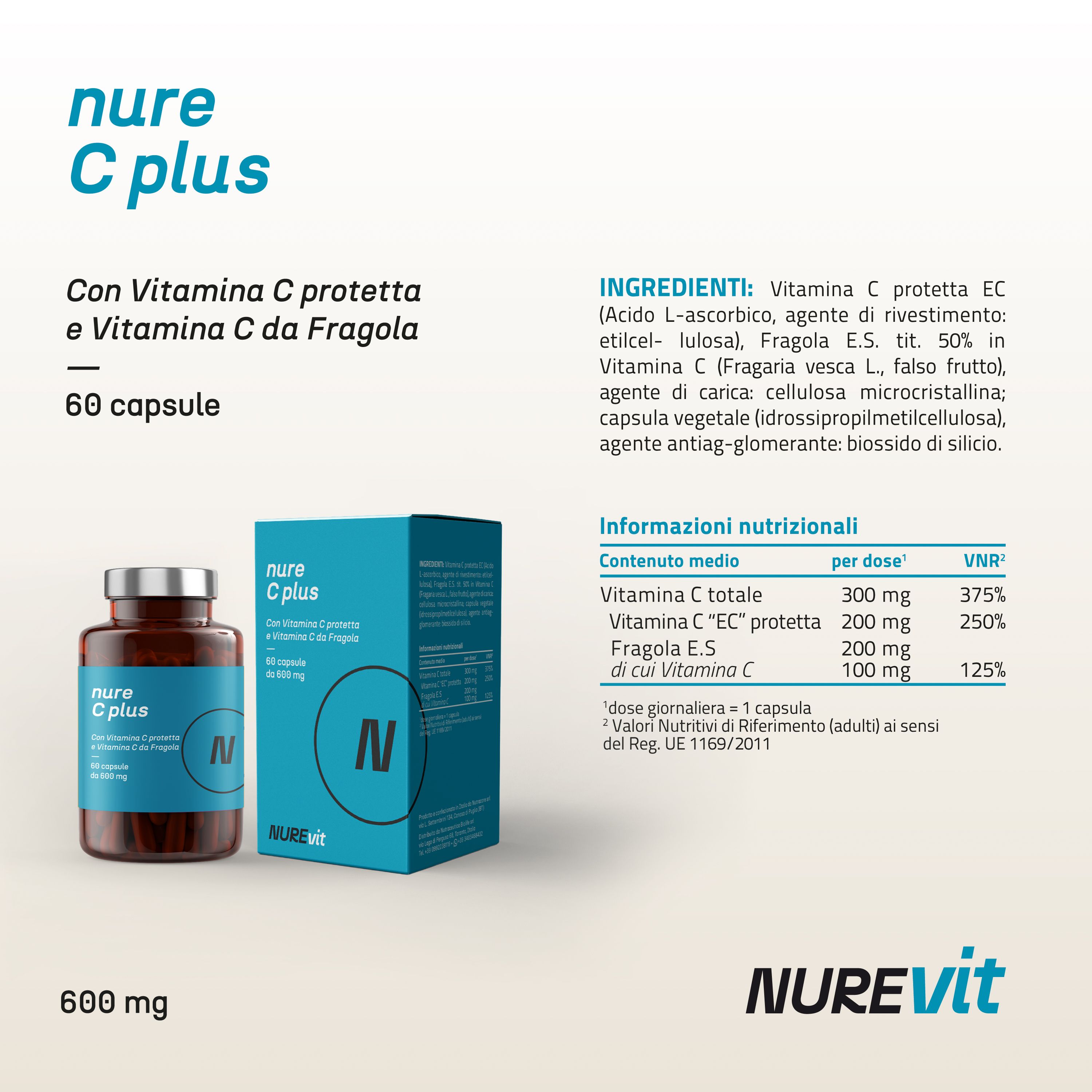 NURE C Plus 60 cps 600 mg | Integratore vitamina c protetta, integratore difese immunitarie