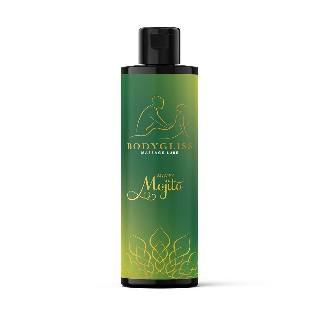 Flacone verde con tappo nero. Scritta "BodyGliss Minty Mojito". Illustrazione di due persone.
