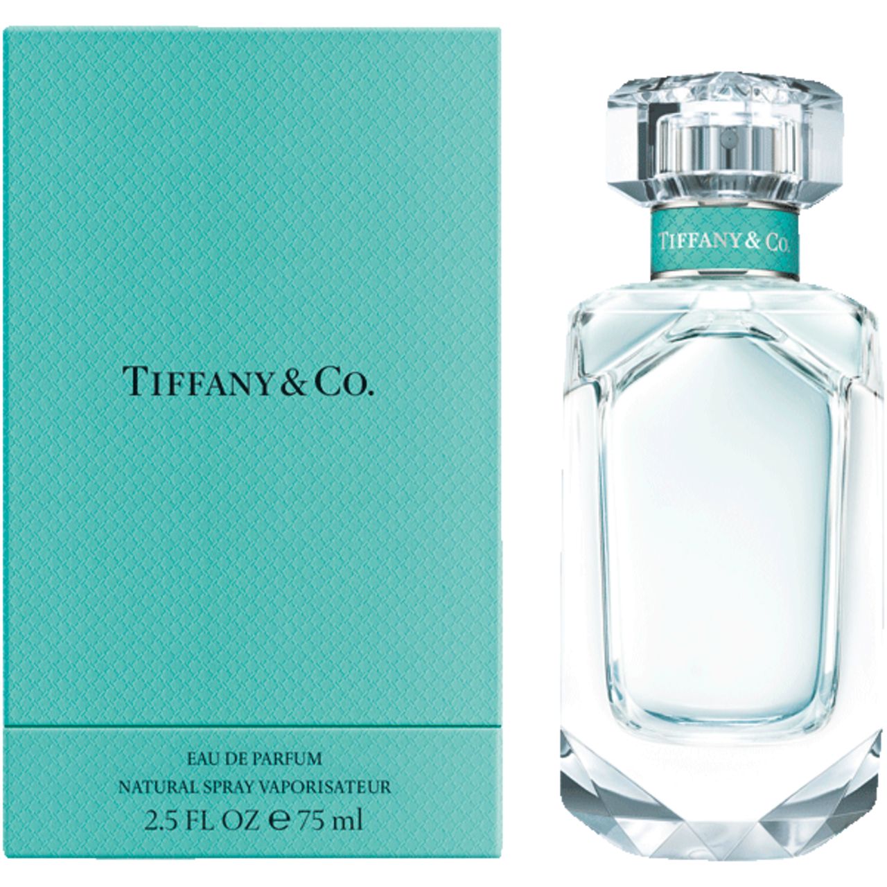 Flacone e scatola. Flacone in vetro, ottagonale, con tappo. Scatola turchese con scritta. Scritta: Tiffany & Co.