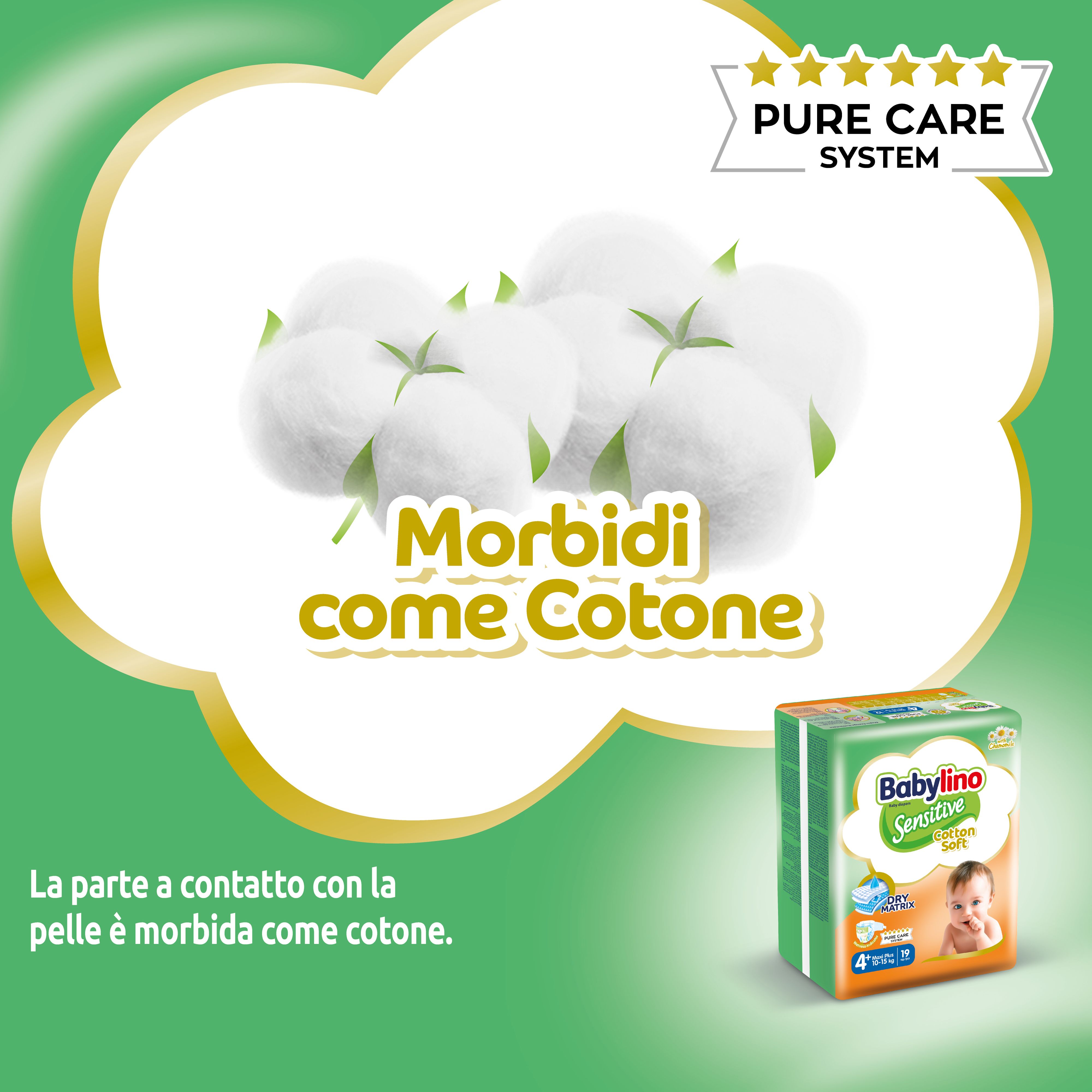 Immagine di batuffoli di cotone. Testo: 'Morbidi come Cotone'. Piccolo pacco Babylino Sensitive. Logo Pure Care System.