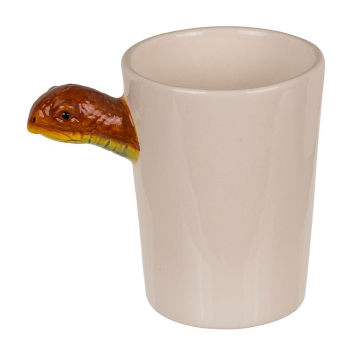 Tazza con manico a forma di tartaruga. Bianca, con manico a tartaruga marrone. OOTB Becher Tartaruga.