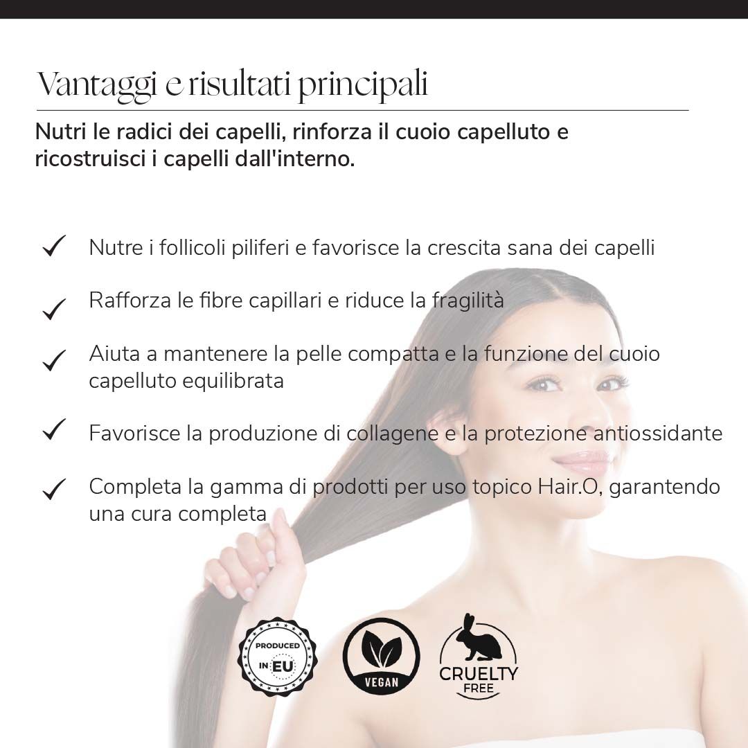 Testo con vantaggi e risultati. Contiene loghi: Prodotto UE, Vegano, Cruelty Free. Donna con capelli lunghi.