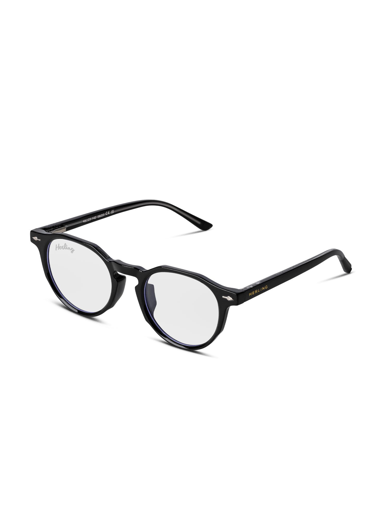 Occhiali neri con lenti rotonde. Marchio Herling sulla stanghetta. Modello unisex.