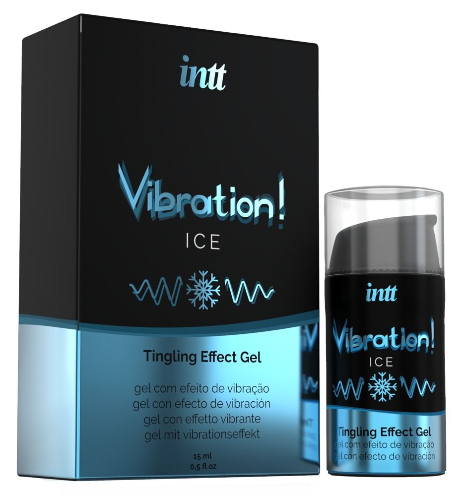 Confezione e flacone. Confezione: nera, blu. Flacone: cilindrico, nero. Scritta: INTT, Vibration! ICE, Tingling Effect Gel.