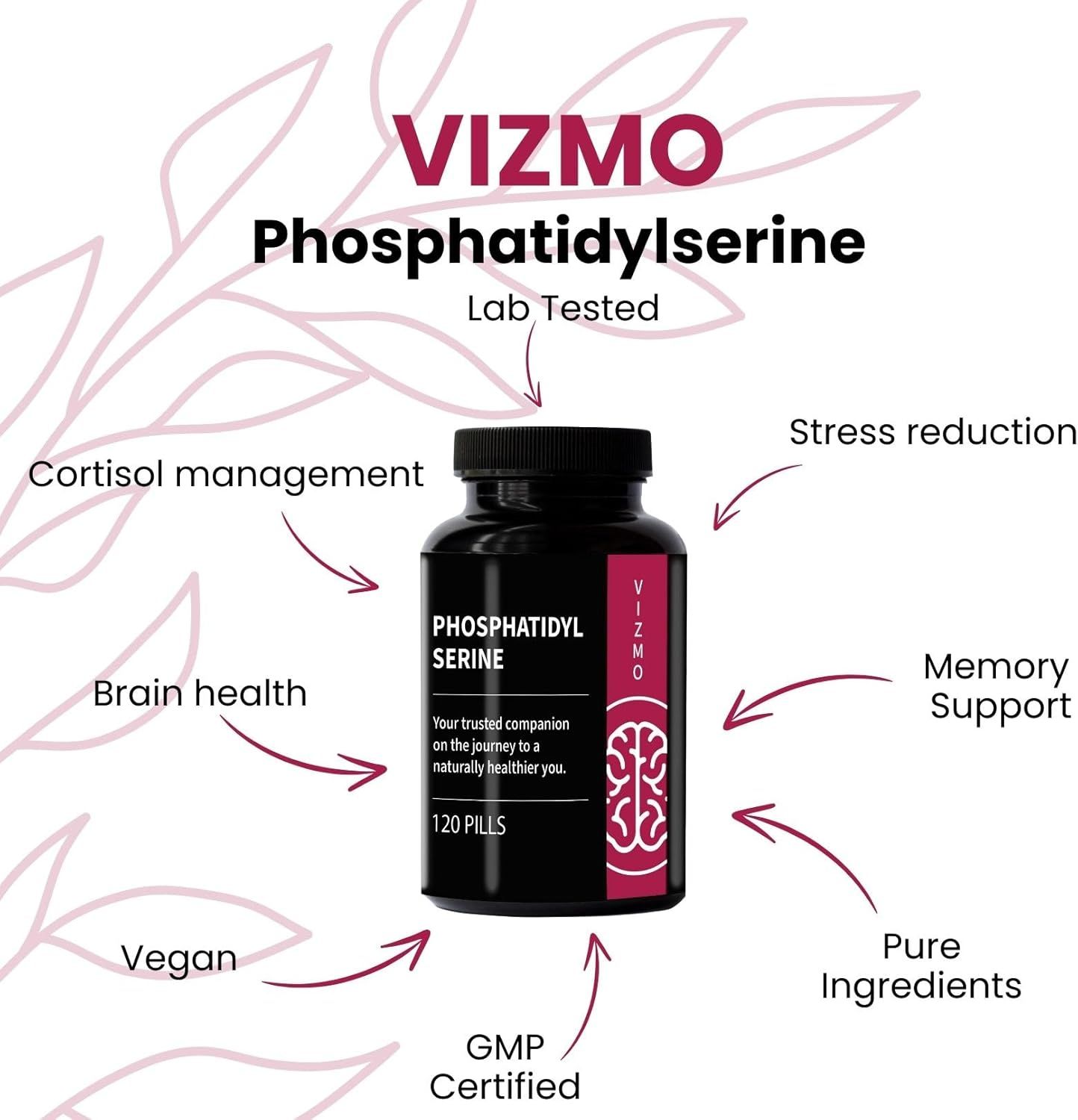 Flacone nero di capsule Vizmo Fosfatidilserina. 120 pillole. Certificato GMP. Vegano.